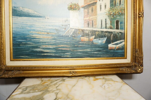 OBRAZ PEJZAŻ OLEJ NA PŁÓTNIE, PRZYSTAŃ, MIASTO - obraz olejny