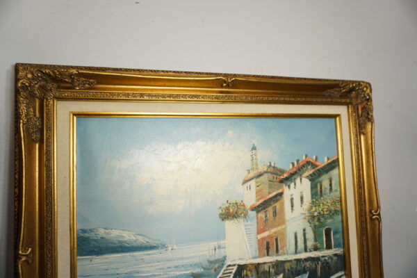 OBRAZ PEJZAŻ OLEJ NA PŁÓTNIE, PRZYSTAŃ, MIASTO - obraz olejny