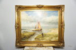 OBRAZ PEJZAŻ OLEJ NA PŁÓTNIE, STATEK, LUDZIE - obraz olejny