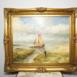 OBRAZ PEJZAŻ OLEJ NA PŁÓTNIE, STATEK, LUDZIE - obraz olejny