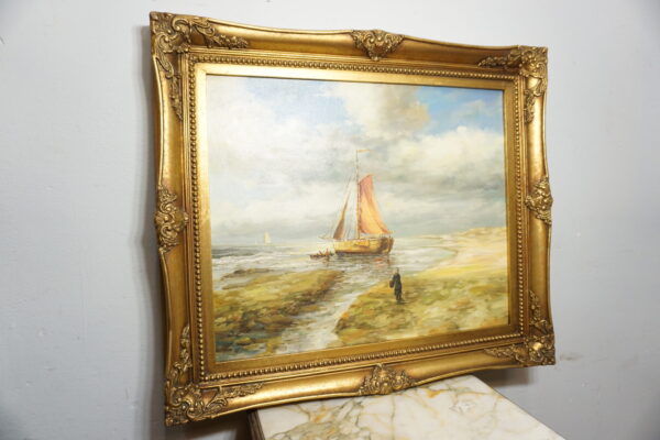 OBRAZ PEJZAŻ OLEJ NA PŁÓTNIE, STATEK, LUDZIE - obraz olejny