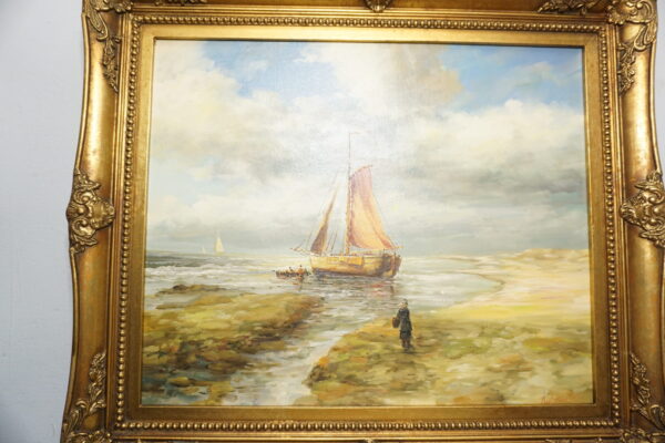 OBRAZ PEJZAŻ OLEJ NA PŁÓTNIE, STATEK, LUDZIE - obraz olejny