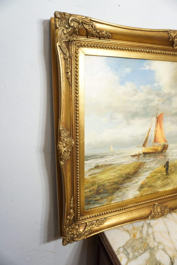 OBRAZ PEJZAŻ OLEJ NA PŁÓTNIE, STATEK, LUDZIE - obraz olejny