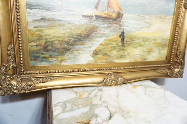 OBRAZ PEJZAŻ OLEJ NA PŁÓTNIE, STATEK, LUDZIE - obraz olejny