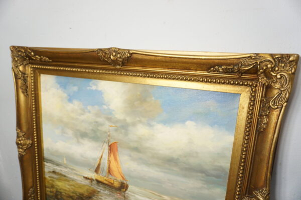 OBRAZ PEJZAŻ OLEJ NA PŁÓTNIE, STATEK, LUDZIE - obraz olejny