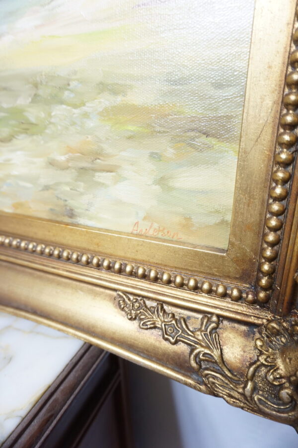 OBRAZ PEJZAŻ OLEJ NA PŁÓTNIE, STATEK, LUDZIE - obraz olejny