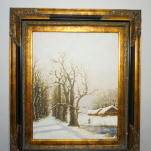 OBRAZ PEJZAŻ ZIMOWY OLEJ NA PŁÓTNIE, DRZEWA, STAW- obraz olejny
