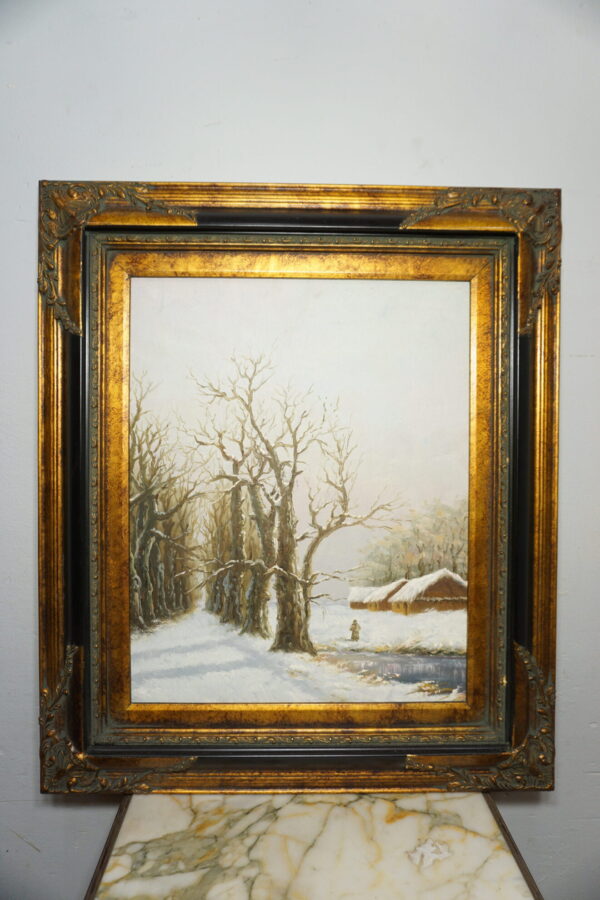 OBRAZ PEJZAŻ ZIMOWY OLEJ NA PŁÓTNIE, DRZEWA, STAW- obraz olejny