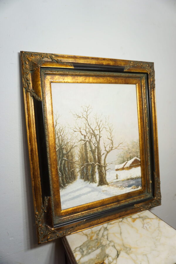 OBRAZ PEJZAŻ ZIMOWY OLEJ NA PŁÓTNIE, DRZEWA, STAW- obraz olejny