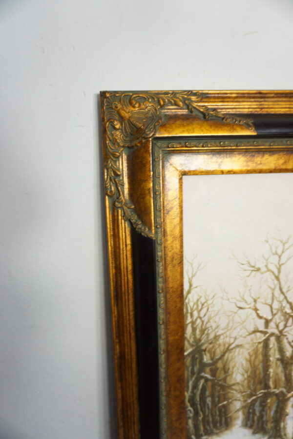 OBRAZ PEJZAŻ ZIMOWY OLEJ NA PŁÓTNIE, DRZEWA, STAW- obraz olejny