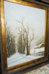 OBRAZ PEJZAŻ ZIMOWY OLEJ NA PŁÓTNIE, DRZEWA, STAW- obraz olejny