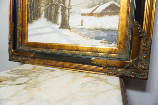 OBRAZ PEJZAŻ ZIMOWY OLEJ NA PŁÓTNIE, DRZEWA, STAW- obraz olejny