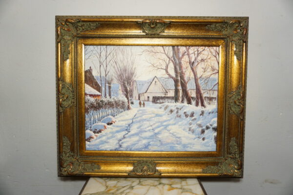 OBRAZ PEJZAŻ ZIMOWY OLEJ NA PŁÓTNIE, DRZEWA, DOMY, DZIECI- obraz olejny