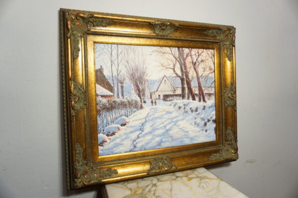 OBRAZ PEJZAŻ ZIMOWY OLEJ NA PŁÓTNIE, DRZEWA, DOMY, DZIECI- obraz olejny