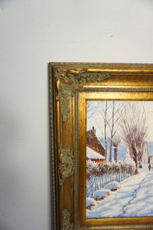 OBRAZ PEJZAŻ ZIMOWY OLEJ NA PŁÓTNIE, DRZEWA, DOMY, DZIECI- obraz olejny