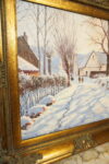 OBRAZ PEJZAŻ ZIMOWY OLEJ NA PŁÓTNIE, DRZEWA, DOMY, DZIECI- obraz olejny