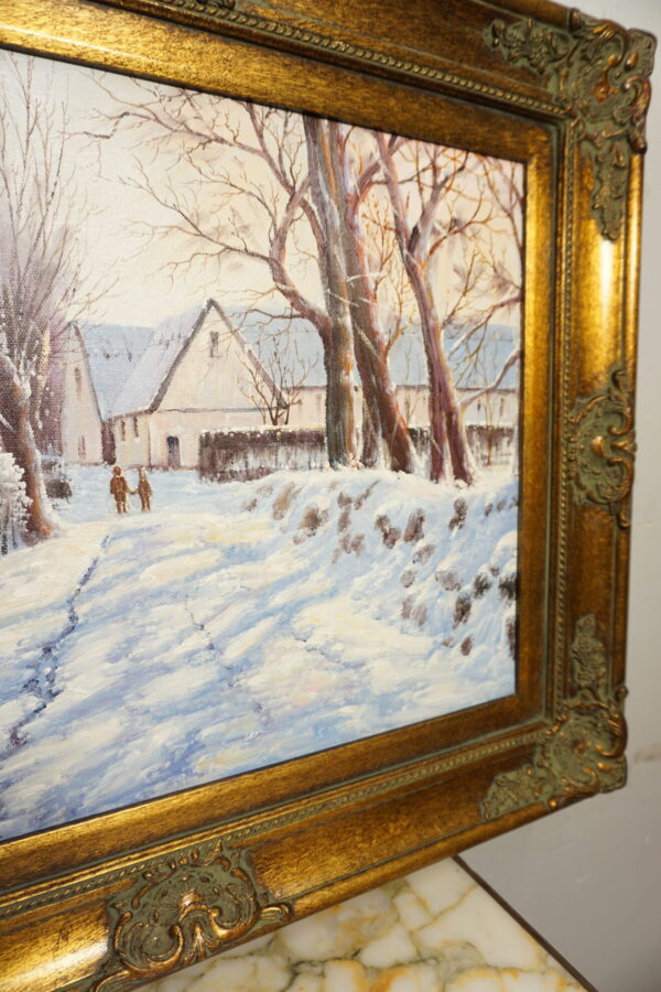 OBRAZ PEJZAŻ ZIMOWY OLEJ NA PŁÓTNIE, DRZEWA, DOMY, DZIECI- obraz olejny