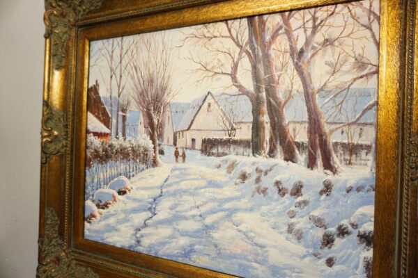 OBRAZ PEJZAŻ ZIMOWY OLEJ NA PŁÓTNIE, DRZEWA, DOMY, DZIECI- obraz olejny