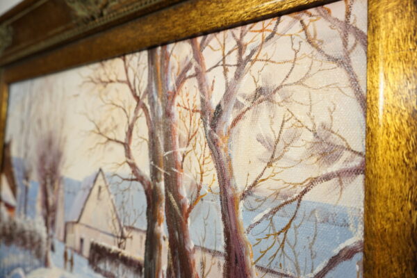 OBRAZ PEJZAŻ ZIMOWY OLEJ NA PŁÓTNIE, DRZEWA, DOMY, DZIECI- obraz olejny