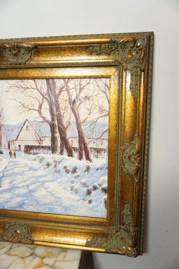 OBRAZ PEJZAŻ ZIMOWY OLEJ NA PŁÓTNIE, DRZEWA, DOMY, DZIECI- obraz olejny