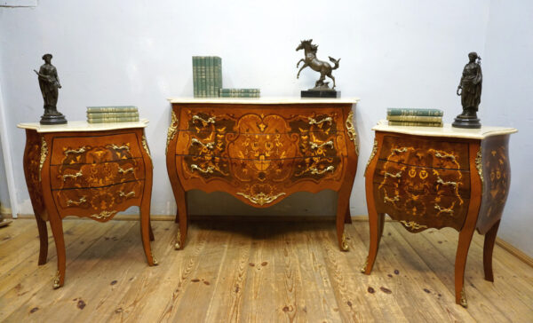 ZESTAW 3 KOMÓD BAROKOWYCH INTARSJOWANE Z OKUCIAMI 3 KOMODY