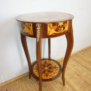 OKRĄGŁY STOLIK Z SZUFLADKĄ OKUCIA INTARSJE !!