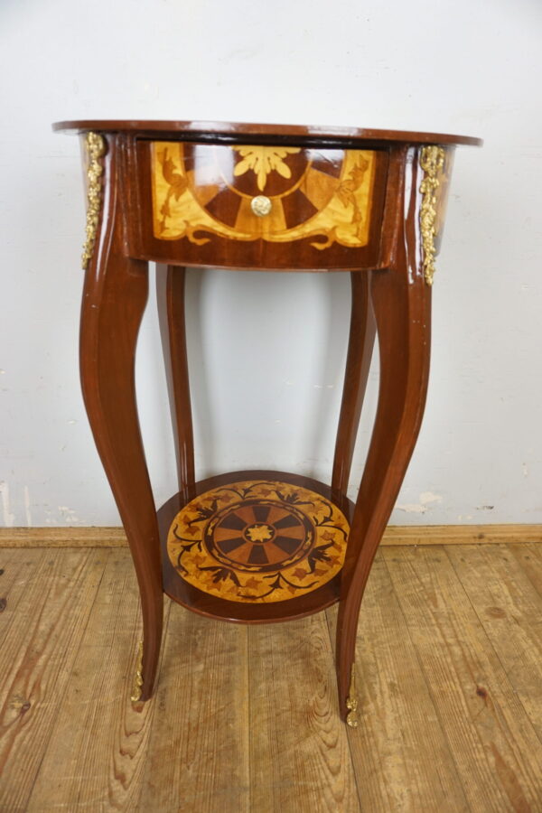 OKRĄGŁY STOLIK Z SZUFLADKĄ OKUCIA INTARSJE !!