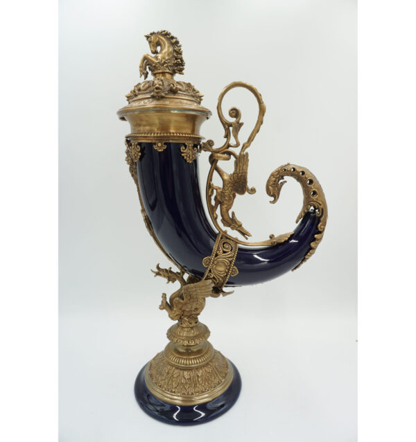 KOBALTOWY RÓG OBFITOŚCI BRĄZ+PORCELANA CORNUCOPIA NA SZCZĘŚCIE DOBROBYT