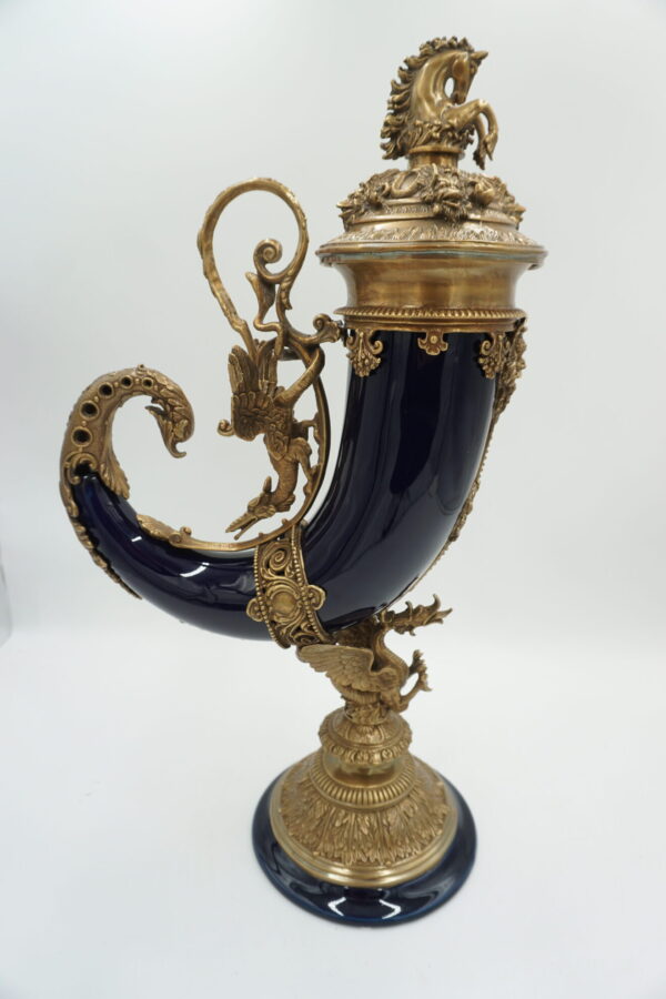 KOBALTOWY RÓG OBFITOŚCI BRĄZ+PORCELANA CORNUCOPIA NA SZCZĘŚCIE DOBROBYT