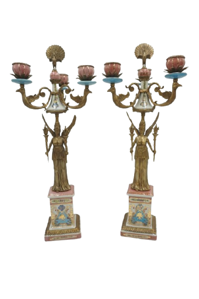 PARA ŚWIECZNIKÓW TRÓJRAMIENNYCH KOBIETY Z POCHODNIAMI PORCELANA + BRĄZ