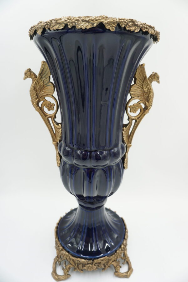 KOBALTOWY WAZON AMFORA BRĄZ+PORCELANA