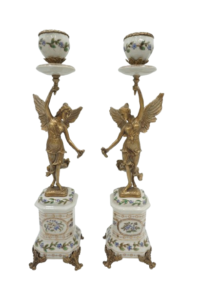 PARA ŚWIECZNIKÓW ANIOŁY PORCELANA Z BRĄZEM CUDO