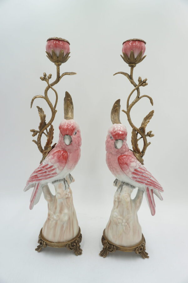 PARA ŚWIECZNIKÓW PAPUGI PORCELANA Z BRĄZEM CUDO