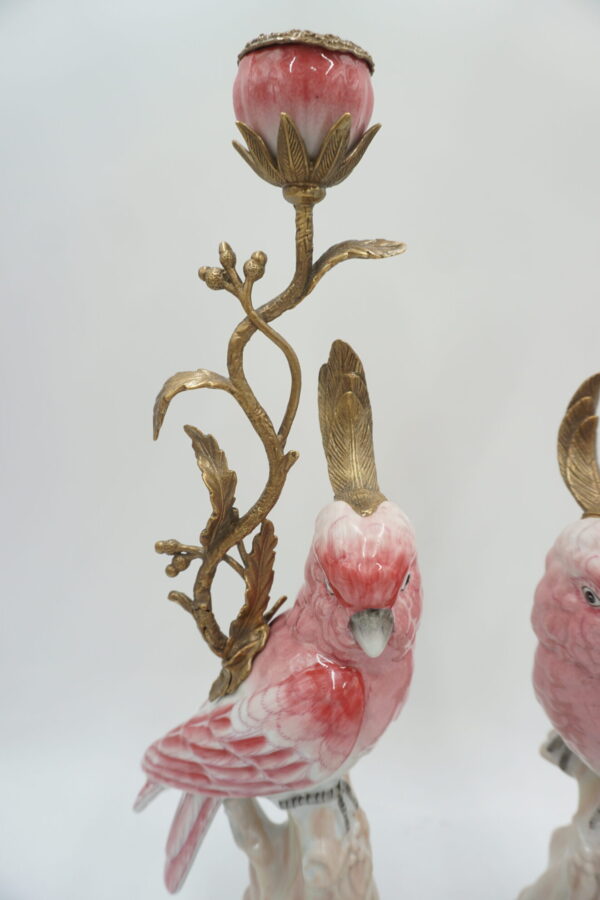 PARA ŚWIECZNIKÓW PAPUGI PORCELANA Z BRĄZEM CUDO