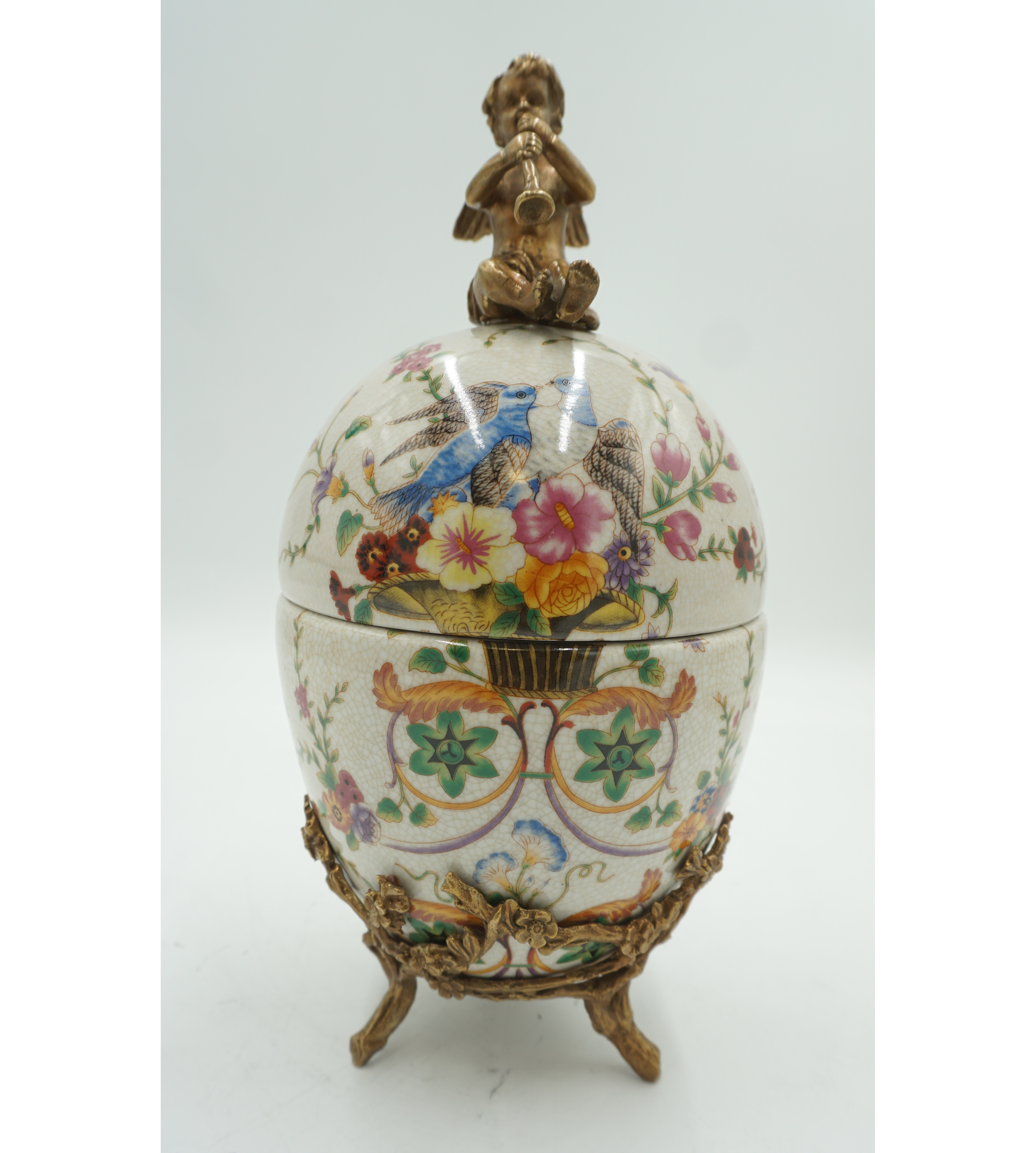 JAJO PORCELANA Z BRĄZEM SZKATUŁKA ANIOŁEK Z TRĄBKĄ