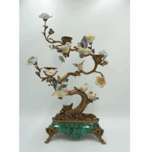 ŚWIECZNIK DRZEWKO PORCELANA Z BRĄZEM PTASZKI I KWIATY