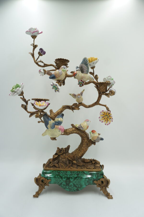 ŚWIECZNIK DRZEWKO PORCELANA Z BRĄZEM PTASZKI I KWIATY