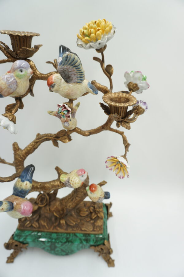 ŚWIECZNIK DRZEWKO PORCELANA Z BRĄZEM PTASZKI I KWIATY