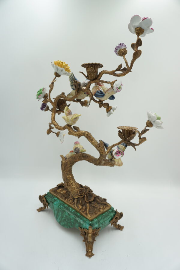 ŚWIECZNIK DRZEWKO PORCELANA Z BRĄZEM PTASZKI I KWIATY