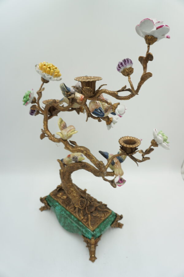 ŚWIECZNIK DRZEWKO PORCELANA Z BRĄZEM PTASZKI I KWIATY