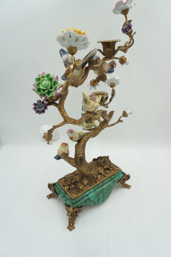 ŚWIECZNIK DRZEWKO PORCELANA Z BRĄZEM PTASZKI I KWIATY