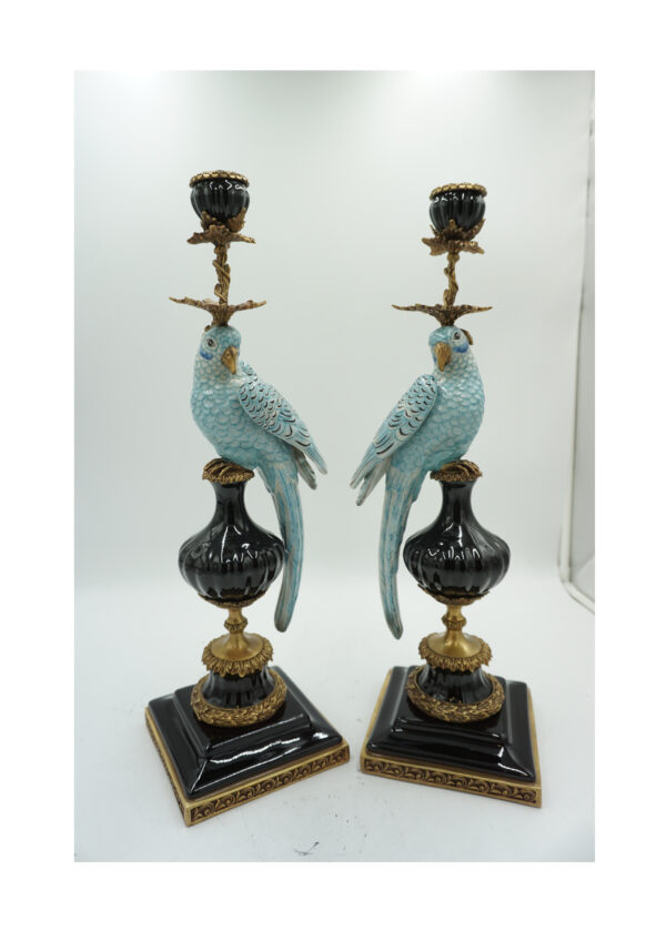 DUŻA PARA ŚWIECZNIKÓW PAPUGI NIEBIESKIE PORCELANA Z BRĄZEM CUDO wys-49cm