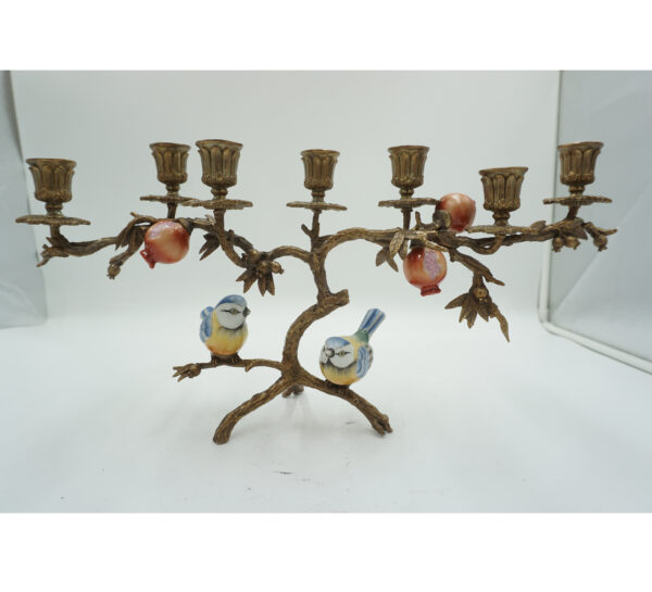 ŚWIECZNIK DRZEWKO PORCELANA Z BRĄZEM PTASZKI I KWIATY