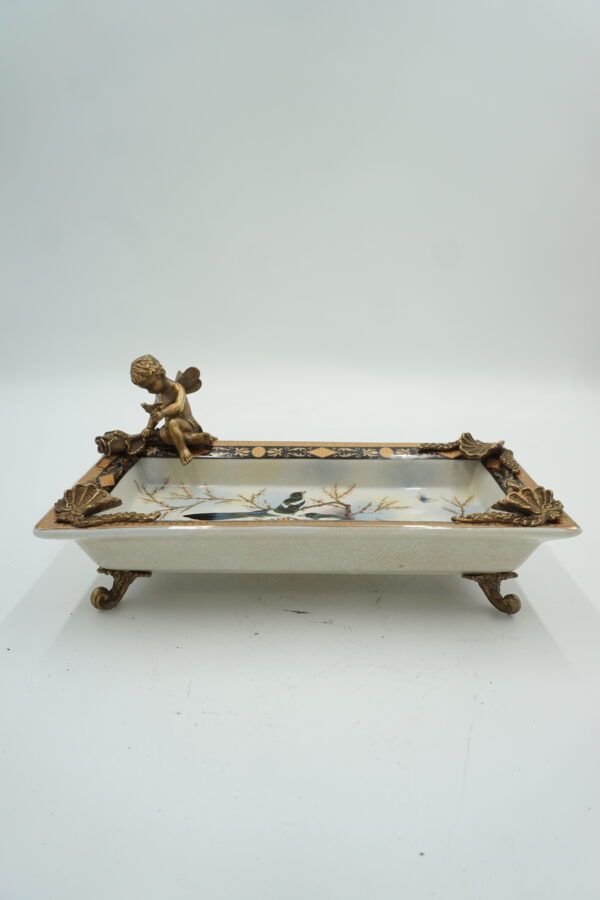 PATERA PATERKA PORCELANA Z BRĄZEM - WRÓŻKA Z KWIATEM I PTAKI