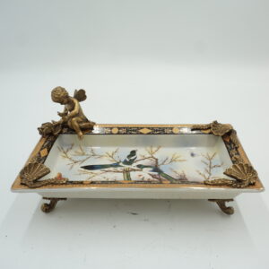 PATERA PATERKA PORCELANA Z BRĄZEM - WRÓŻKA Z KWIATEM I PTAKI