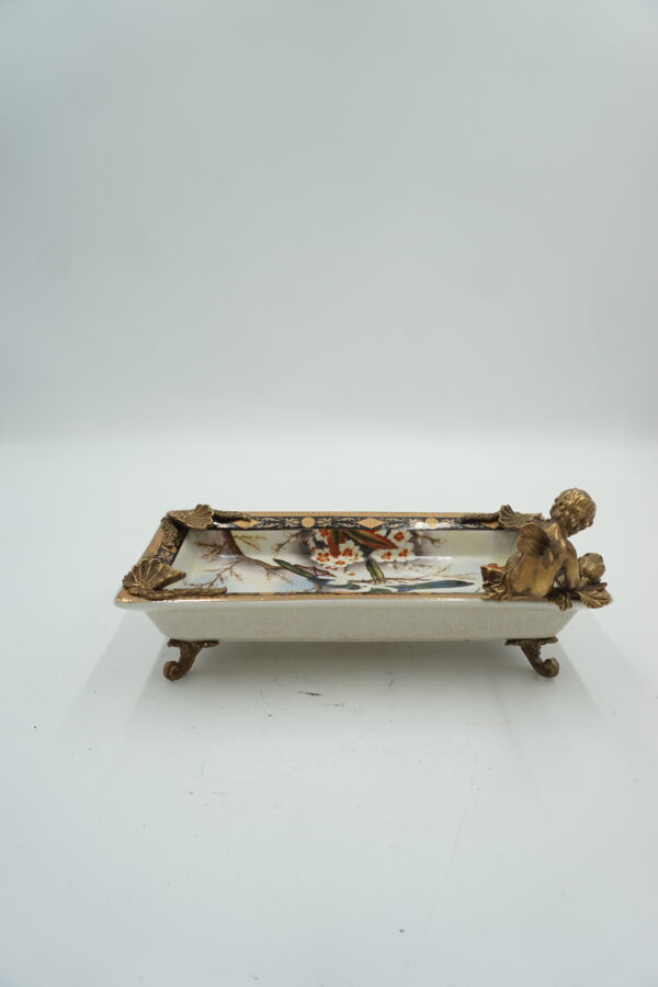 PATERA PATERKA PORCELANA Z BRĄZEM - WRÓŻKA Z KWIATEM I PTAKI