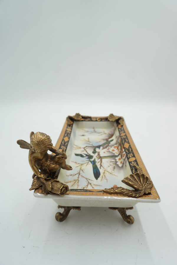 PATERA PATERKA PORCELANA Z BRĄZEM - WRÓŻKA Z KWIATEM I PTAKI