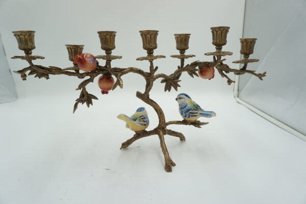 ŚWIECZNIK DRZEWKO PORCELANA Z BRĄZEM PTASZKI I KWIATY