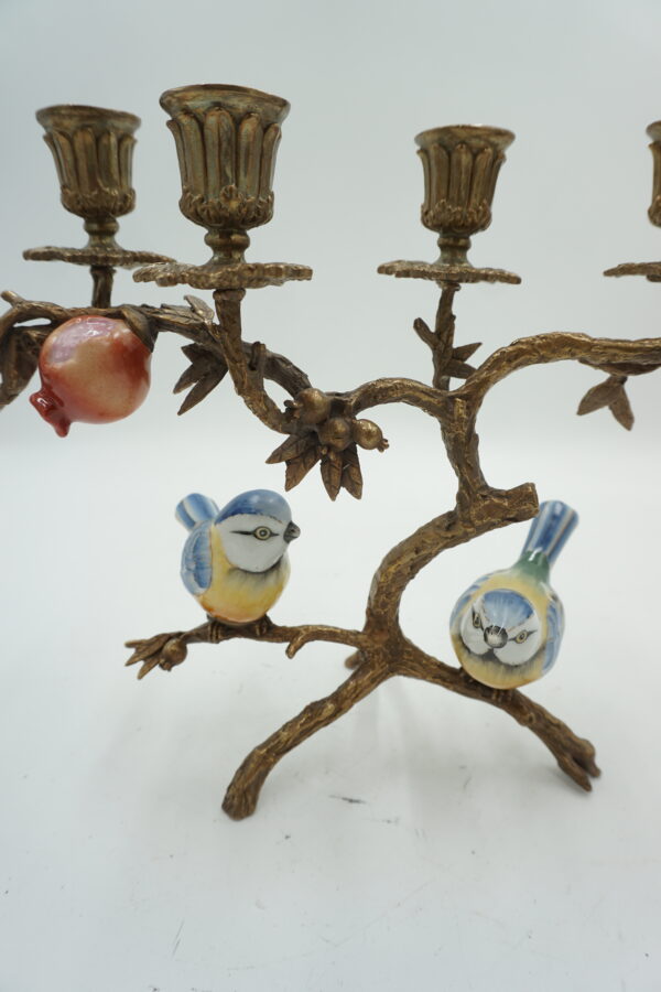 ŚWIECZNIK DRZEWKO PORCELANA Z BRĄZEM PTASZKI I KWIATY