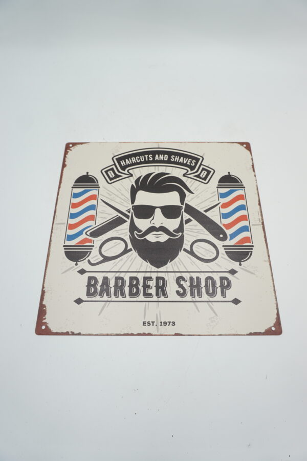 BLASZANY SZYLD - TABLICZKA "BARBER SHOP" 30X30 cm.
